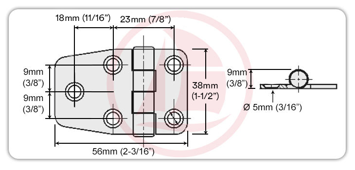 Bisagra de inoxidable 38x56mm (5 Tornillos)