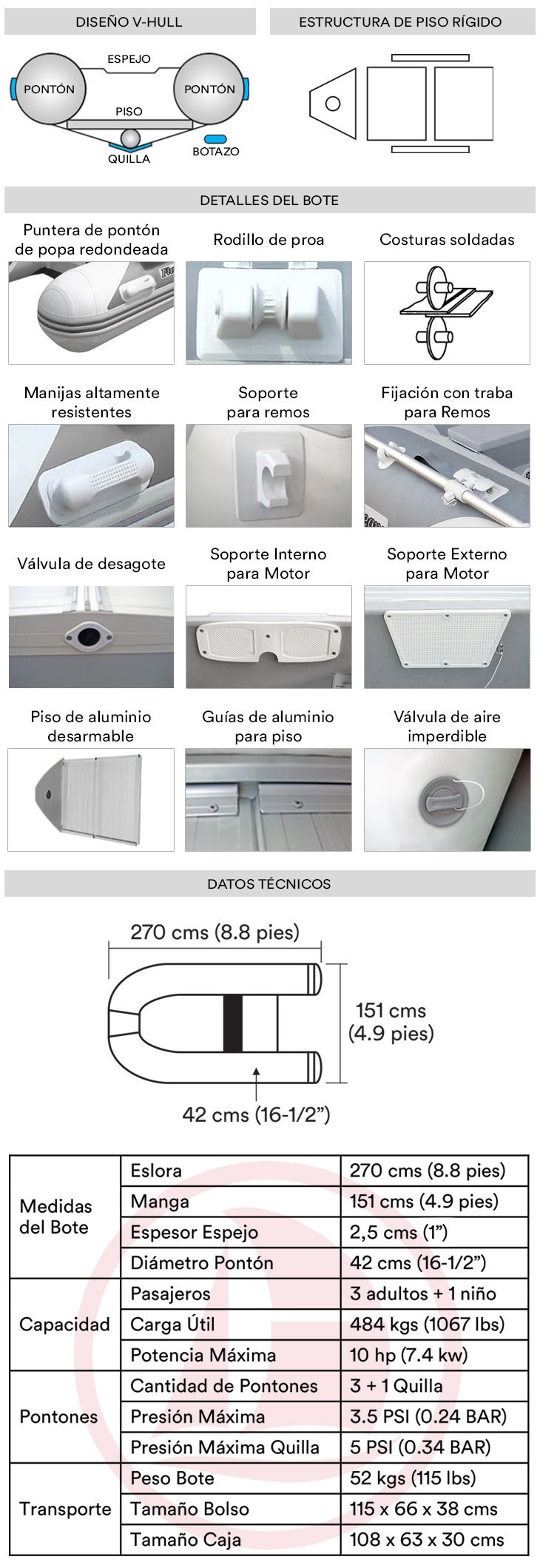 Bote de PVC inflable con piso  de aluminio - Eslora 2.70 mts