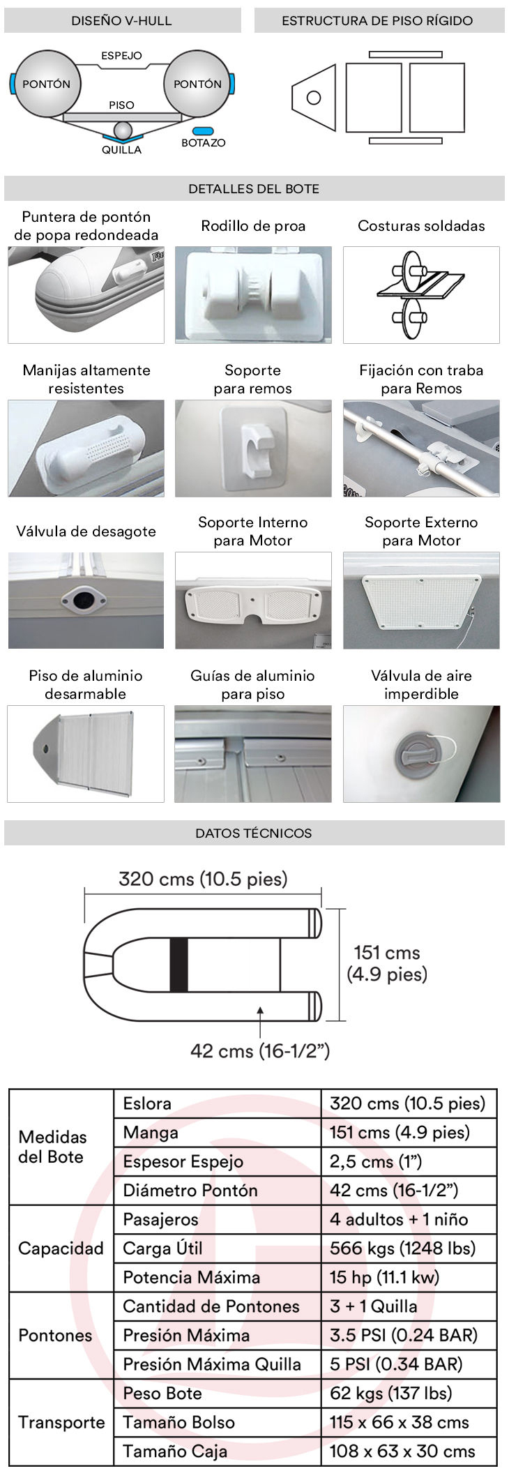 Bote de PVC inflable con piso de aluminio - Eslora 3.20 mts