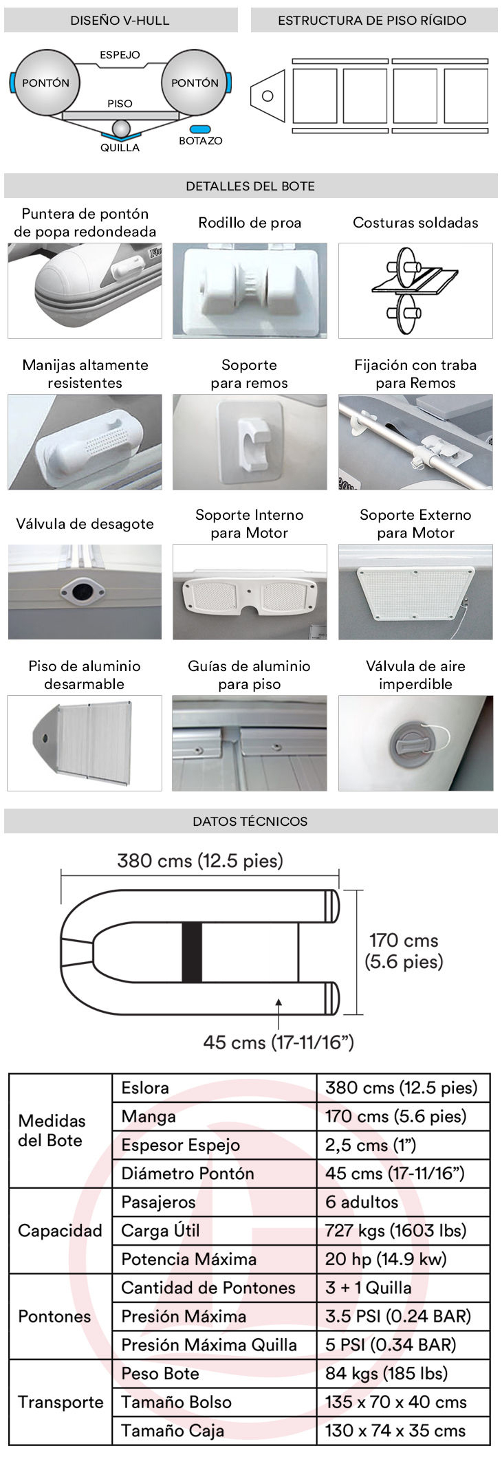 Bote de PVC inflable con piso de aluminio - Eslora 3.80 mts