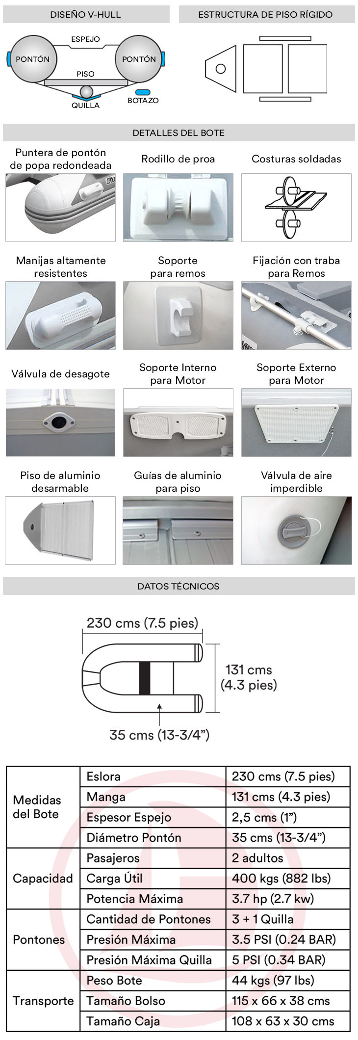Bote de PVC inflable con piso de aluminio - Eslora 2.30 mts