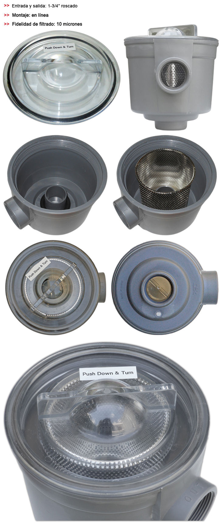Filtro de agua (Diámetro 148mm) con adaptadores  25mm (91l/min) - 32mm (143l/min) - 38mm (200l/min)