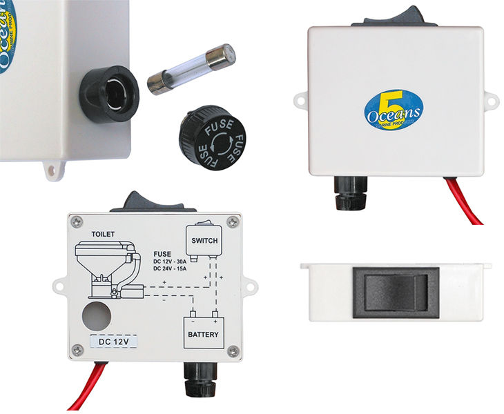 Caja con pulsador y fusible para  inodoro eléctrico - 12V - 30 Amp