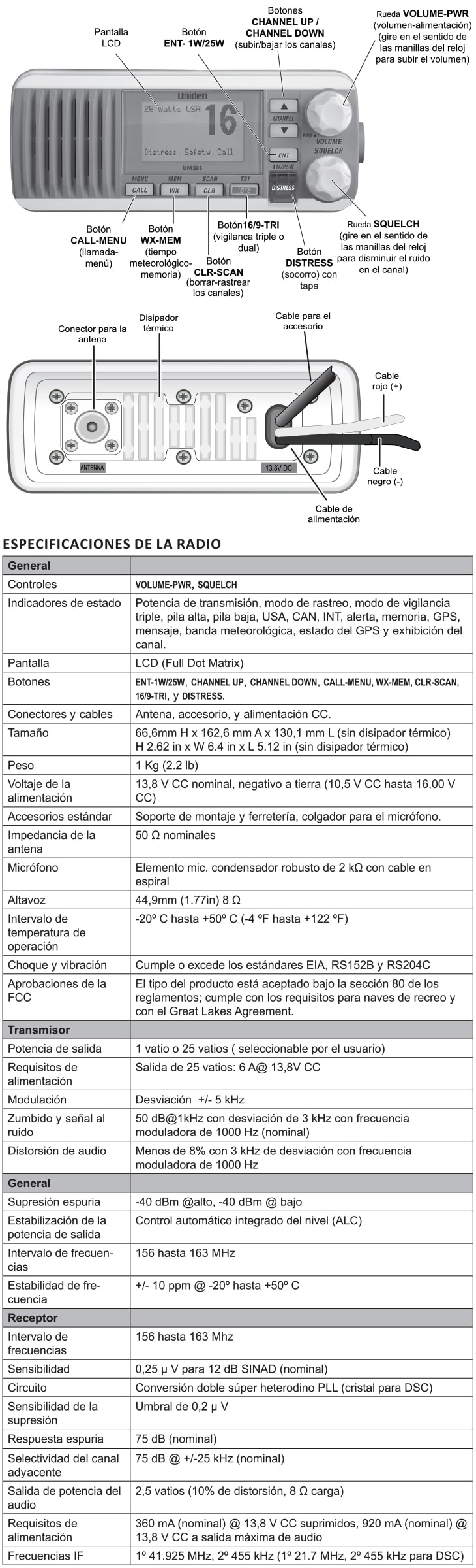 Equipo fijo Radio VHF Uniden UM385 con señal Distress - Blanco