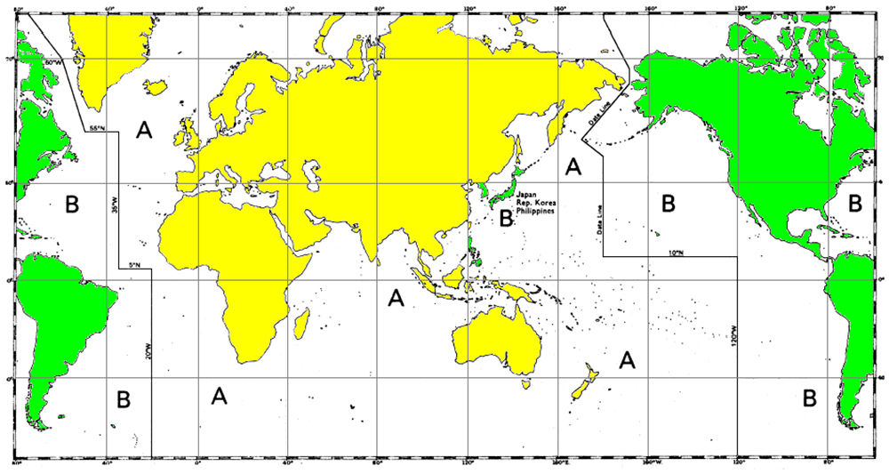Distribución mundial de los sistema A y B de la norma IALA
